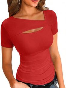 Womens Fashion Fall Cutout Long Sleeve Ribbed Slim Fitted Tops Shirts Tee Tshirts - Short-red - View 1