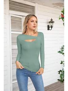 Womens Fashion Fall Cutout Long Sleeve Ribbed Slim Fitted Tops Shirts Tee Tshirts - Long-moss Green - View 2