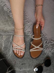 Sandalias planas de mujer con tiras cruzadas y diamantes de imitación, punta cuadrada elegante, moda casual/verano, zapatos cómodos - Plateado - Ver 2
