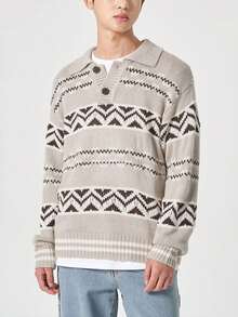 New Casual Loose Knit Sweater With Button Collar, Unisex American Street Style, Suitable For Spring, Autumn And Winter - Apricot - View 4