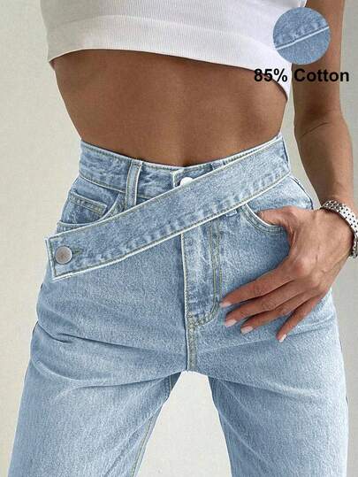 Women's Y2K Washed Asymmetric Belt Decor Casual Jeans With Side Pockets