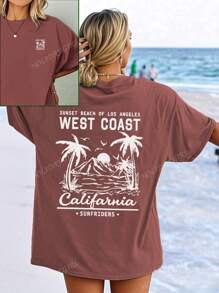 Camiseta de manga corta de mujer con cuello redondo, de uso casual, con estampado versátil y simple de árbol de palma, adecuada para el uso diario. Blusas gráficas de mujer en blanco, negro y rosa para atuendos de vacaciones
