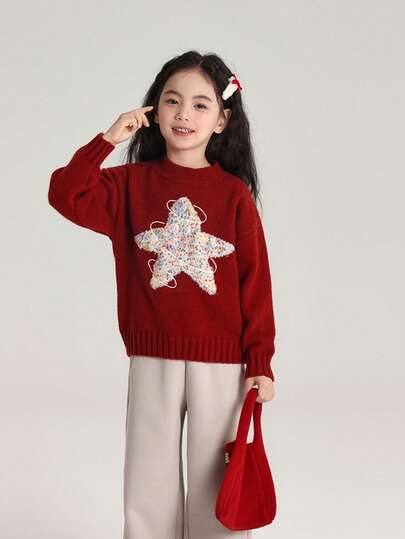 1pc Young Girls' Fashionable Cute Star Pattern Long Sleeve Sweater, Suitable For Autumn/Winter Layering