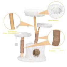 Rascador natural blanco de madera maciza y felpa, árbol para gatos con plataformas, cueva para acurrucarse y pelotas de juego, rascador estable para gatos de 109 cm para interiores.