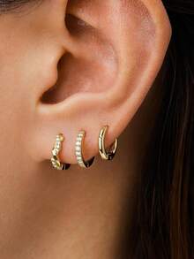 3 Cặp Hoa tai vòng tròn cổ điển CZ có thể xếp chồng lên nhau dành cho nữ, mạ vàng 14K không gây dị ứng đơn giản, hoa tai xoắn bằng Zirconia, sụn cho nhiều khuyên tai trang sức cho nữ - 3 đôi bông tai tròn - Xem 5