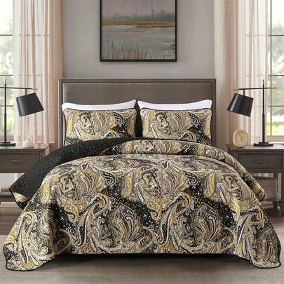 3 Pieces Boho Quilt Set Queen King Size, Gold Black Paisley Floral Pattern Bedspread Coverlet Set With 2 Pillowcases, Lightweight Microfiber Bohemian Quilt Bedding Set, Suitable For Wedding Items, Valentines Day Home Bed Room Decor, Mothers Day Gift, All Season