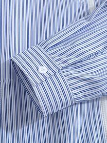 Men's Striped Zip-Up Shirt Jacket, Casual Design Loose Fit Spring Outwear, Korean Style For Commuting And Outdoor Wear, Fall - Blue - View 5