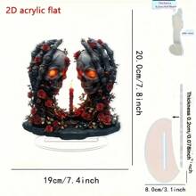 1pc 2D Flat Boho Skeleton Hand With Black Rose Acrylic Desktop Decor - Gothic Floral Art, Suitable For Home, Office Or Holiday Gift, Versatile Creative Decoration