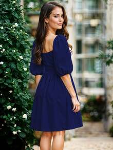 Vestido Corto de Escote Cuadrado con Manga Abullonada Casual para Mujer - Azul Marino - Ver 4