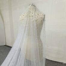 1pc Ivory Luxury Densely Beaded Faux Pearl Bridal Veil, Handmade Beaded Extra Long Train Wedding Dress Accessory Fall Clothes For Women Valentine's Day Accessories - Beige - View 3