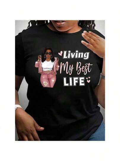 Camiseta gráfica para mujeres "Living My Best Life" - 100%, top casual de manga corta y cuello redondo con estampado elegante, perfecta para primavera y verano