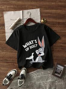 Warner Bros Collaboration Cartoon Print Short Sleeve T-Shirt, Casual For Men Summer