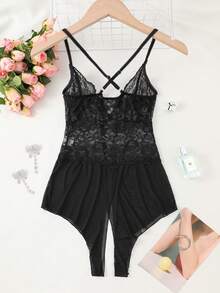 Sexy Crotchless Lace & Mesh Splice Deep V-Neck Lingerie, Ultra-Transparent Bodysuit Intimate Apparel For Going Out - Black - View 8