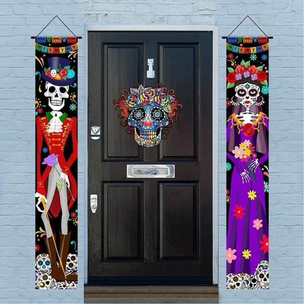 1 New Halloween Skeleton Technology, Grand Door Frame Hanging Decorative Banners, Outdoor Halloween Decoration Set. 11.81 * * 70.86 Inches, Polyester Fiber, Perforated Bottom, Hanging Pole, Death Day Skull Decoration Banner Hanging On Door Frame, Halloween Skull Costume Design