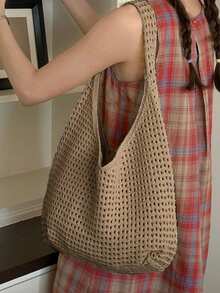 Yogodlns 女士唯美钩针沙滩购物手提包针织网腋下包夏季百搭单肩包女士单肩包休闲编织女士手工手提包大容量夏季沙滩女式斜挎包 - 卡其色 - 查看 2