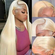 Eulisi Peluca de frente de encaje de cabello humano liso 613 de 13x4 con encaje transparente, peluca de 150 de densidad de color rubio para mujer, pre-arrancada con cabello de bebé, peluca frontal de encaje sin pegamento