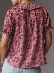 Women Y2k Puff Sleeve Peter Pan Collar Shirt Tops Button Down Boho Floral Print Ruffle Blouse Summer Cotton Babydoll Top - Red - View 3