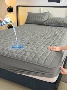 1pc Waterproof Fitted Sheet, Bedding, Halloween Decor, Christmas Decorations, Mattress Cover, Fall Decor, Quilted Bed Cover, Soft And Comfortable Bedding For Bedroom, Bedspread For Bedroom Decor, Halloween Gift, Room Decor, Skin-Friendly Full Coverage Fitted Sheet, Solid Color Grid Design Mattress Protector, Fitted Bottom Sheet For Twin, Full, King, Queen Size, Machine Washable, Perfect Holiday Gift - Xám - Xem 1