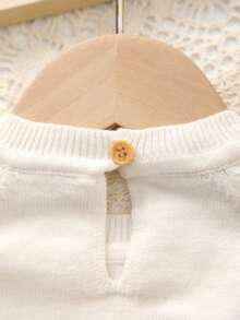 Baby Girl Knitted Tulip Embroidery Decor Crew Neck Long Sleeve Bodysuit, Sweet Outfit For Winter - Pink - View 3