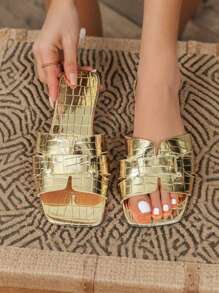 [AFBC-Gem] Women's Flat Sandals,Women's Gold Textured Sandals - Metallic H-Strap Slides, Luxe Summer Sandals With Non-Slip Sole, Fashionable Dressy Outdoor Slippers, Flat Beach Sandals For Vacation.