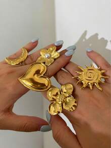 Monlansher New Stainless Steel Open Finger Rings For Women, Exaggerated Metallic Floral, Heart, Moon, Sun Flower & Mixed Elements Fashion Ring, Personalized , Suitable For Daily, Casual, Party, Single Or Stacked Wear - 金色 - 查看 2