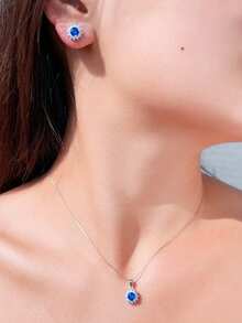 1 套奢华华丽蓝色方晶锆石花形吊坠项链和耳环首饰套装，适合女士