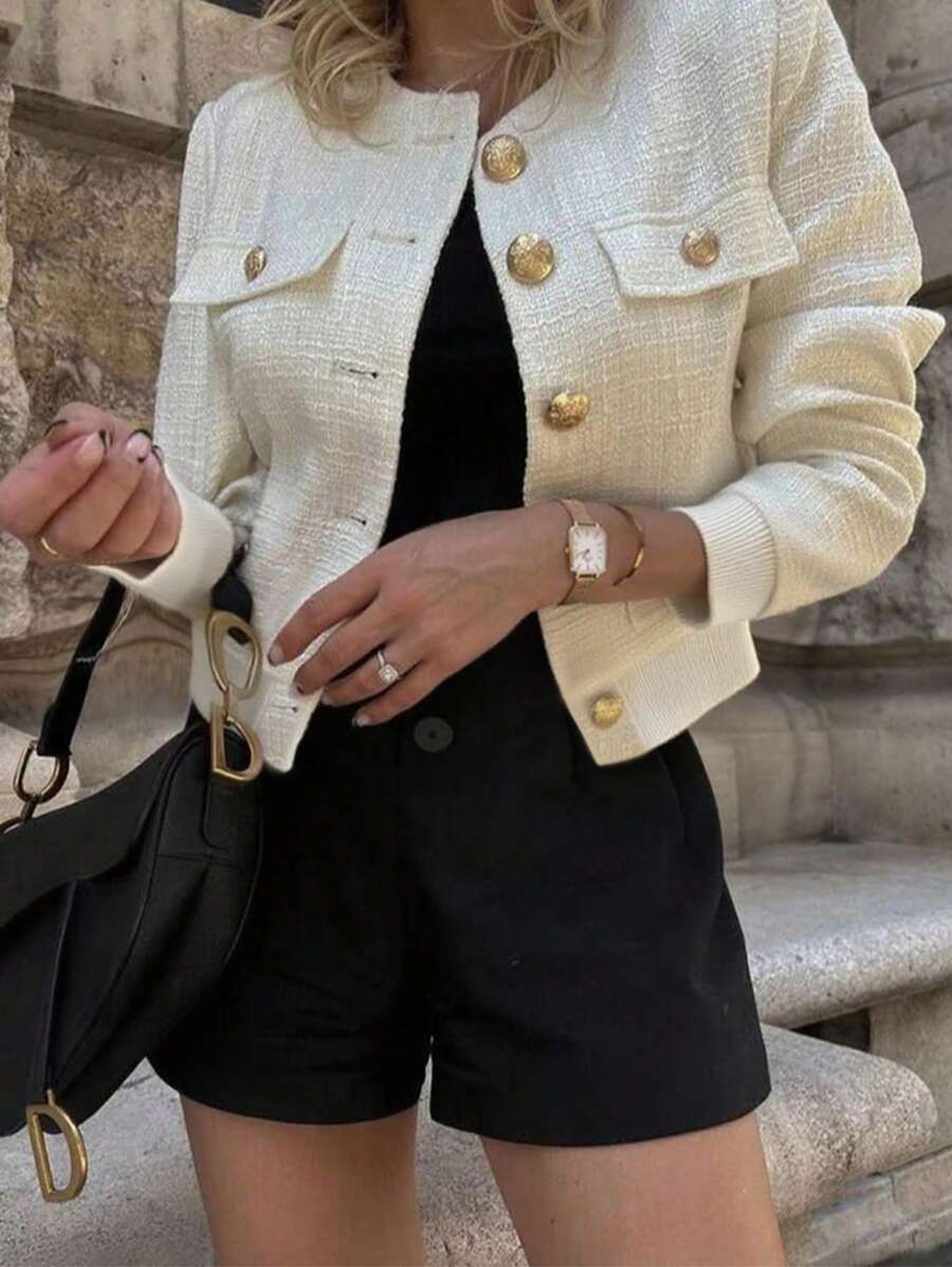 Women's Elegant All-Season Fall Jacket, Solid Color Front Metal Button Pocket Faux Pocket Ribbed Tweed Round Neck Coat - Beige - View 1
