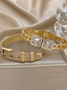 Juego de brazaletes de lujo chapados en oro de 18 quilates de malla de acero inoxidable con circonita para mujeres, regalo para mamá, regalo para maestros, joyería para verano, playa, joyería bohemia, accesorios para rave/baile de graduación/fiesta/diario, regalo de vuelta al colegio, regalo de cumpleaños, regalos de dama de honor, regalos de Navidad - Multicolor - Ver 3