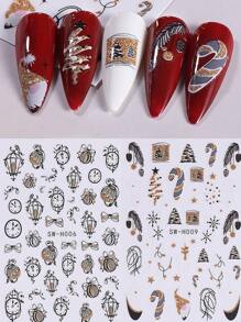 圣诞指甲贴纸 2 件装新年夜奢华黑金色时钟冬青圣诞树雪花图案美甲贴花 3D 自粘滑块女士美甲装饰 - 彩色 - 查看 3