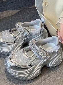Daddy Shoes For Women, New Rhinestone Sequins, Thick Sole, Platform Hoops, Durian Sole, Mary Jane Sneakers Solid Color Street