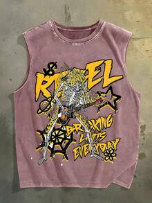 Street Rock Fan! Sleeveless T-Shirt Skull Guitar Printing, "BREAKING LIMITS" Text, Old Washing, Pure Cotton Material, To Create A Rock  To Wear! - 卡其色 - 查看 1