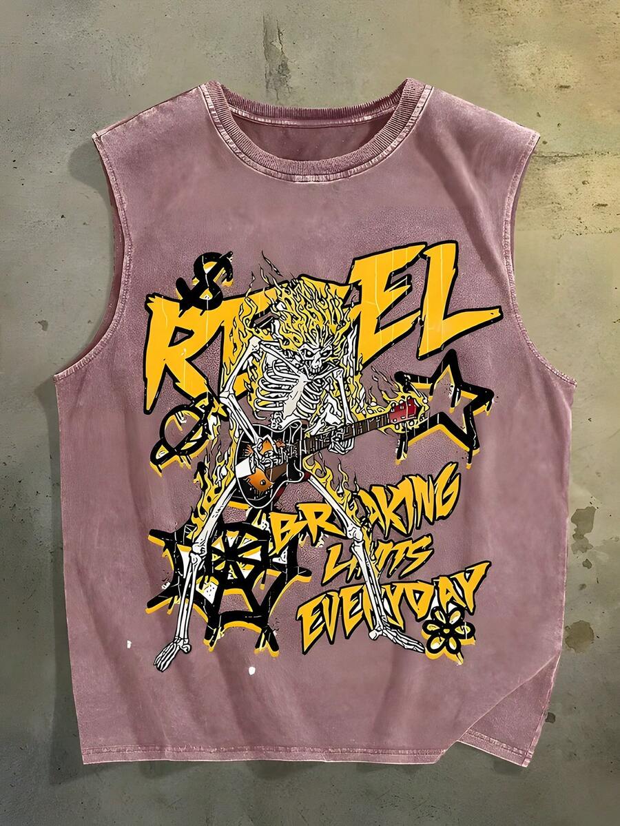 Street Rock Fan! Sleeveless T-Shirt Skull Guitar Printing, "BREAKING LIMITS" Text, Old Washing, Pure Cotton Material, To Create A Rock To Wear! - 卡其色 - 查看 1