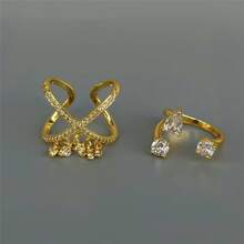 VKHK Set de 2 inele deschise de lux, strălucitoare, cu zirconiu, încrucișate, potrivite pentru ținutele de zi cu zi și de nuntă ale femeilor, cadou