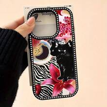 Funda para phone 1 unidad, doble cara, lujosa, decorativa, para phone 16, 15, 14, 13, 12, 11 Plus Pro, antigolpes, anticaídas, protección completa, con collage retro de gatos negros - Negro - Ver 2