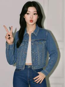 LINA Chaqueta Cazadoras Mezclilla Abrigos Vaqueros Azul Manga Larga Botones - Azul - Ver 3