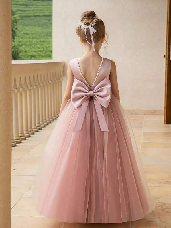 Vestido de fiesta elegante para niña con escote en la espalda, lazo y perlas, vestido de princesa para niña de las flores, boda, fiesta de cumpleaños