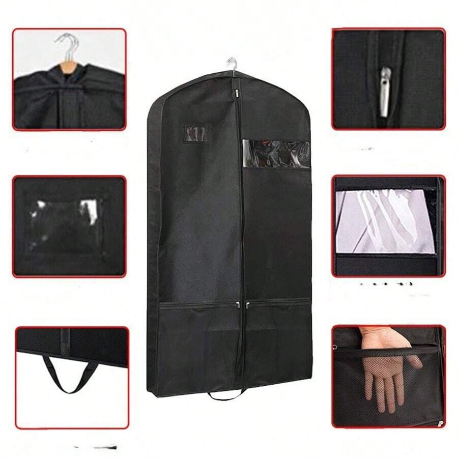 旅行服装袋带拉链口袋，手持，可悬挂，防尘，轻便便携，重型西装袋，适用于西装、燕尾服、连衣裙、外套，黑色，1 件装宿舍必备衣物整理器衣柜整理和存储卧室