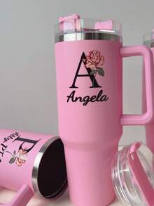 1PC Custom Stainless Steel Water Cup With Handle And Straw, Featuring 26 Letters And Floral Patterns, Ideal Travel Companion, Convenient To Carry, Suitable For Car Use, Pink Water Cup, Perfect Gift For Friends ,Sister,Family.