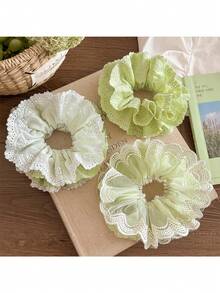 1 件优雅绿色蕾丝多层发圈，柔软马尾辫夹，适合女性日常使用，温和发饰，发圈，发圈，发球，休闲 - 彩色 - 查看 3