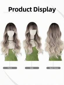 26 英寸深根渐变银灰色长波浪合成耐热假发，带刘海，浪漫美丽的女孩角色扮演假发，适合度假、家庭聚会、服装和日常穿着 - 漸層 - 查看 8