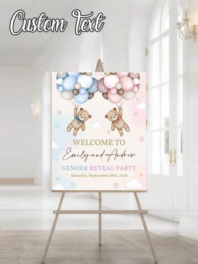 1 pieza - Póster de bienvenida personalizado para revelación de género de oso, logotipo personalizado de revelación de género, póster de fiesta de bebé con oso rosa y azul, logotipo de puerta o pasillo de estilo neutral, póster personalizado de oso, póster de bienvenida de oso, póster de lienzo sin marco personalizado - Arte de pared personalizado con tus fotos, decoración de pared