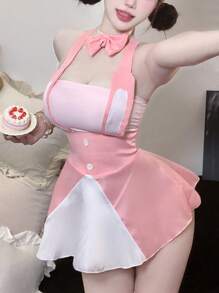 1 Conjunto de vestido de conejita dulce y lindo para niña, con pecho pequeño, traje de uniforme de conejita sexy y lindo, disfraz de cosplay de conejo de anime (se regala un collar + tanga), disfraz de Halloween