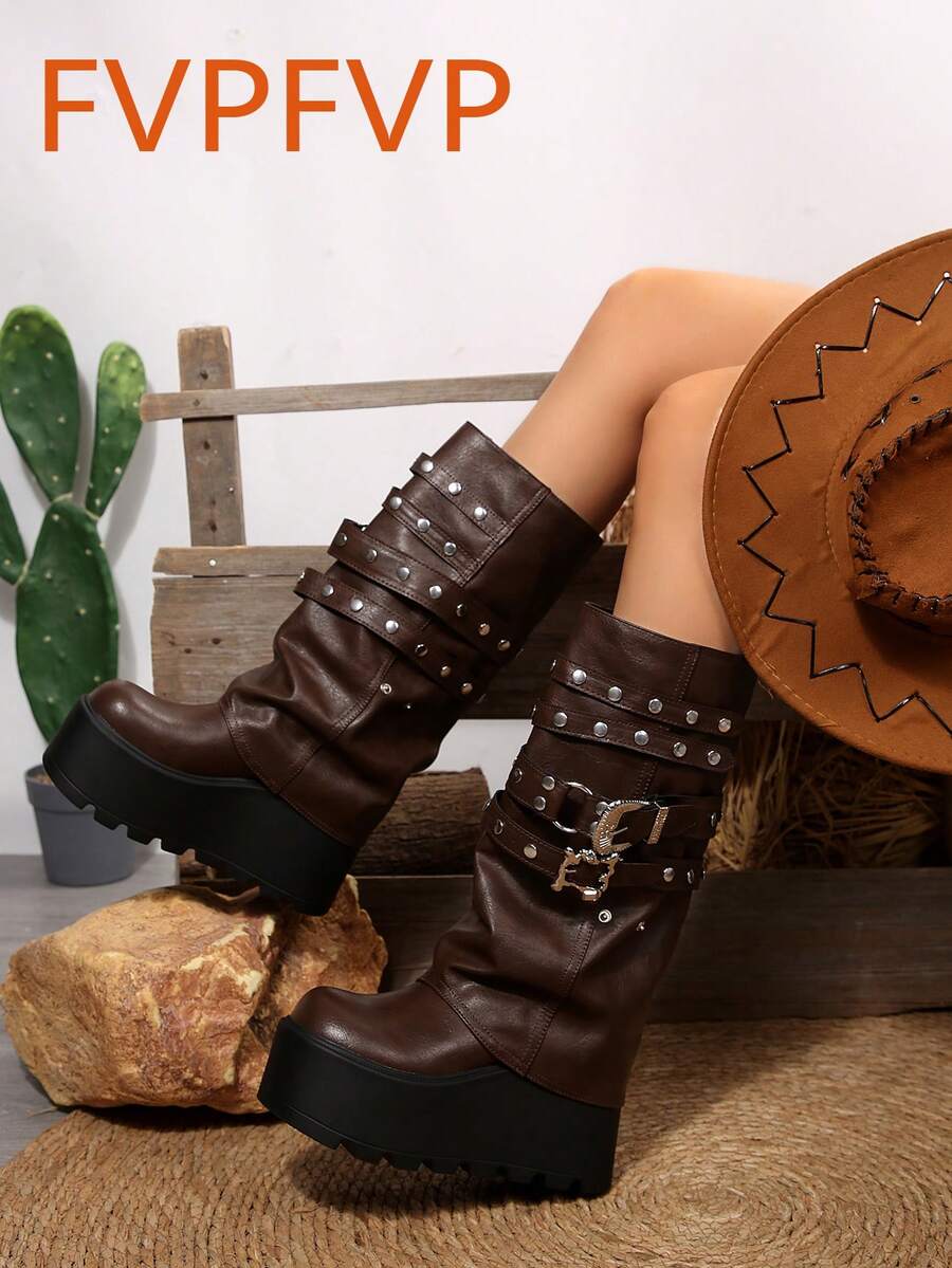 FVPFVP 女士厚底过膝长靴 2025 新款高筒靴，适合娇小身材，棕色复古骑士靴，纯色，TPR 材质（热塑性橡胶），拉链和铆钉装饰，户外，度假，秋冬 - 棕色 - 查看 1