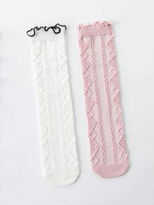 2/1 双女童及膝袜，儿童罗纹袜，菱形图案，纯色，松紧带袖口，适合所有季节，时尚，百搭，可爱，校园风，公主风，适合日常穿着，可搭配皮鞋，休闲鞋，开学季，学生，新学期，开学，教室