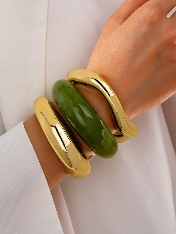 3pcs Polyresin Bracelet Set For Women, Thick Bracelet, Stackable Arm Band, Daily Wear Accessory