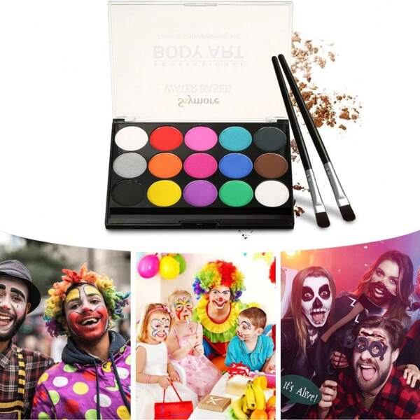 15 Colors Face Painting Set, Including Matte & Fluorescent Paints, 2 Brushes, Water-Based Material, Easy To Apply & Wash Off, Suitable For Halloween, Carnival, Comic Cons, Parties, Performances