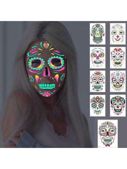 9张万圣节夜光临时面部纹身贴纸，夜光骷髅妆容贴花，女士派对用品