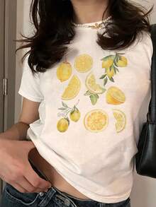 Áo thun nữ tay ngắn cổ tròn dáng crop top in hình chanh phong cách Y2K cá tính, tối giản, thích hợp mặc hàng ngày. Áo nữ mùa hè dễ thương. - trắng - Xem 6