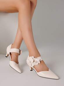 Women's Low Heel Dressy Shoes Elegant Kitten Heels Pointed Toe Floral Heels Comfy Slip On Ankle Strap Party Pumps With Flower  - 米色 - 查看 4