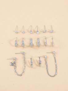 8 对合金锆石吊坠耳环套装，配随机扁平链 - 銀色 - 查看 2